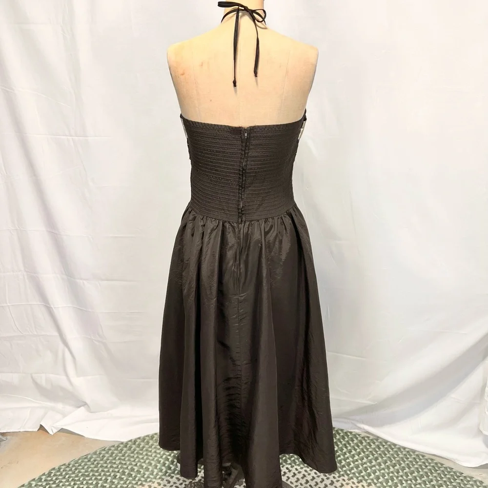 VINTAGE 80s starry night formal prom dress midi strapless halter metallic‎ gold